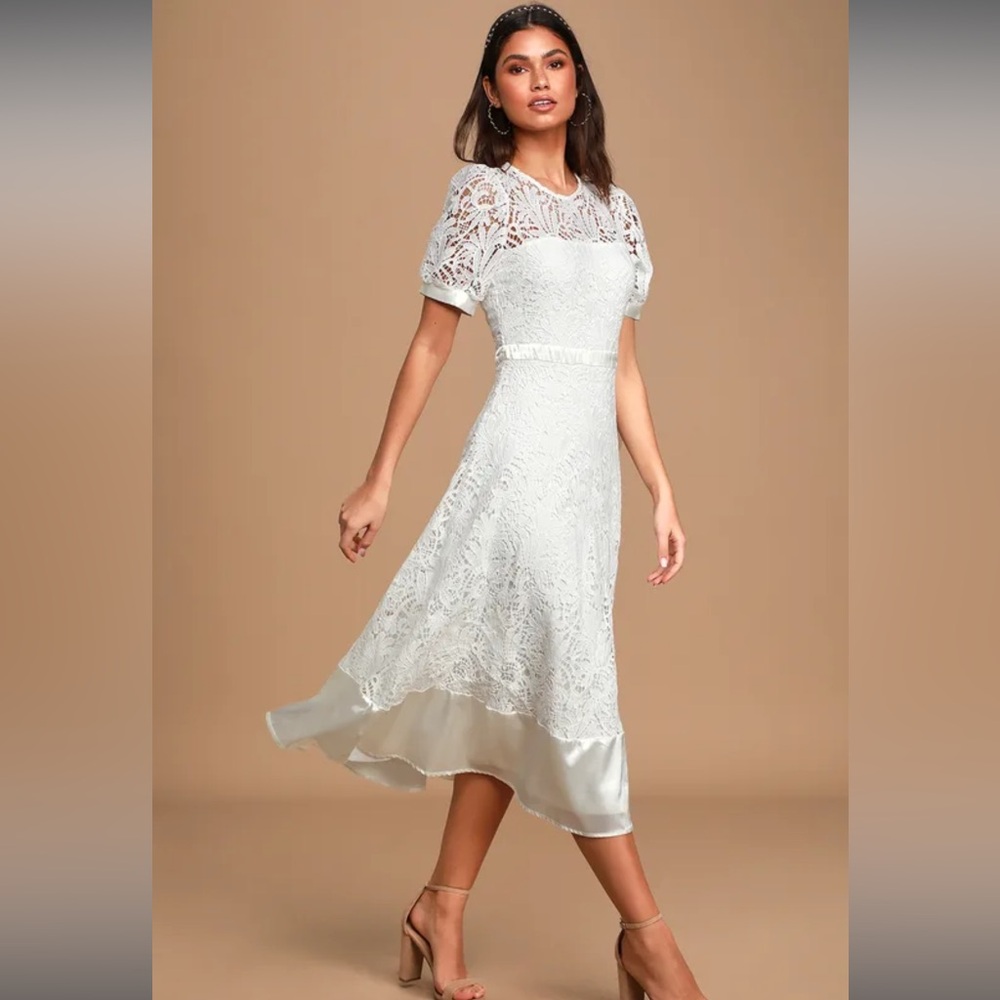 White Crochet Lace Midi Skater Dress, size XL NWT